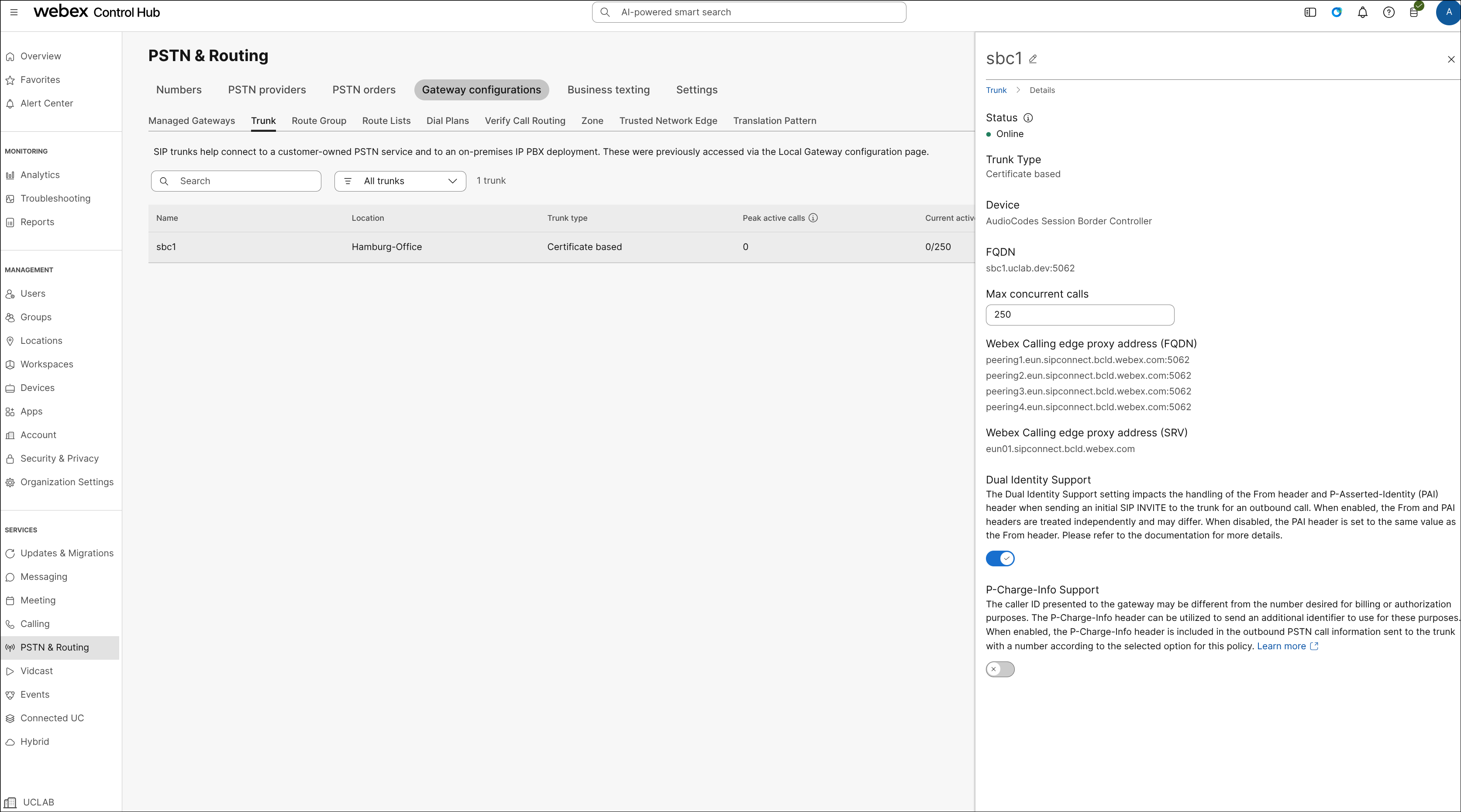 Webex Control Hub — Trunk configuration for sbc1