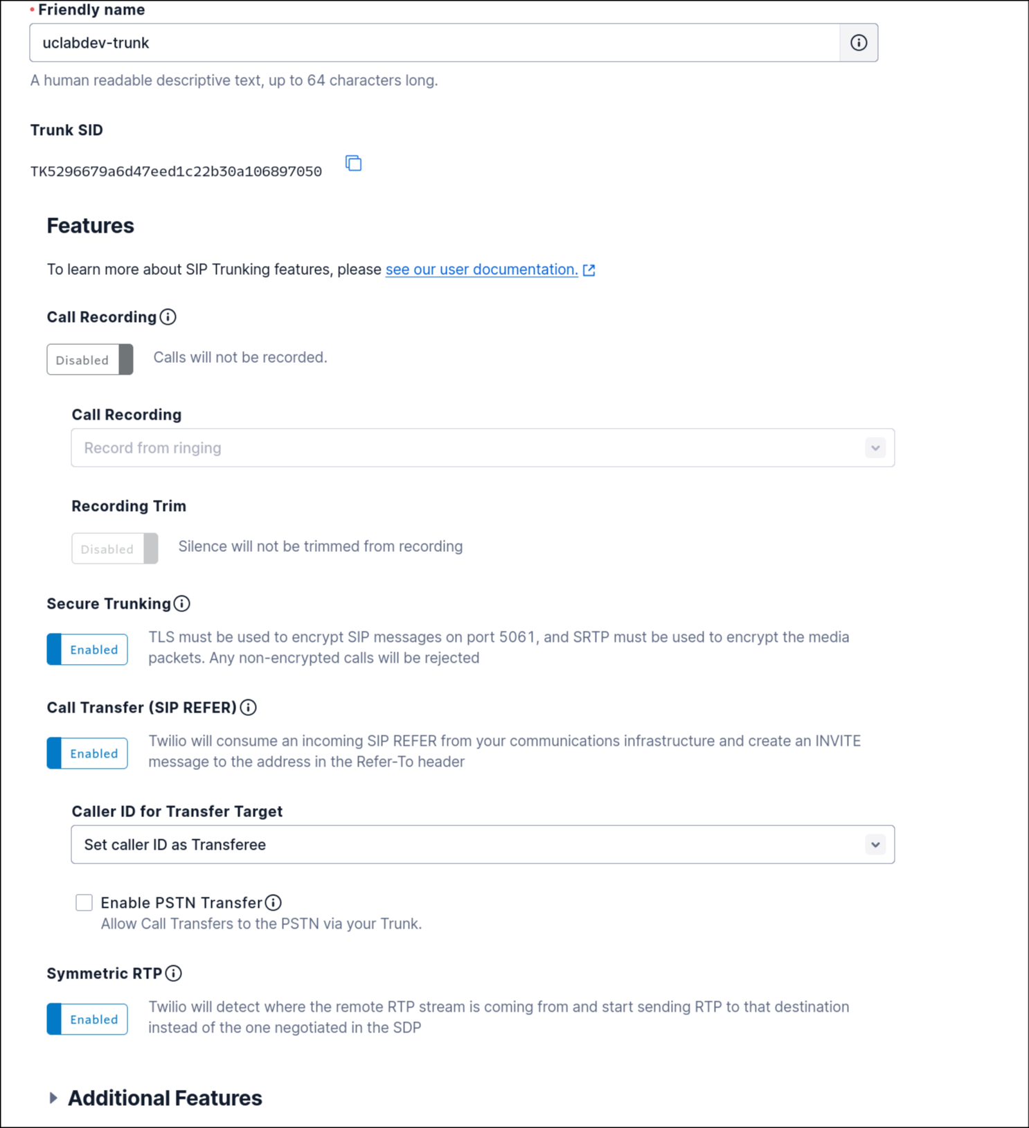 Twilio trunk — General settings and features