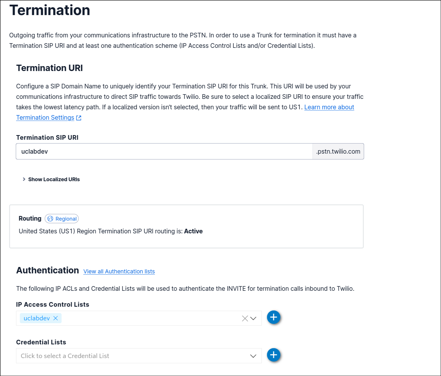 Twilio trunk — Termination settings