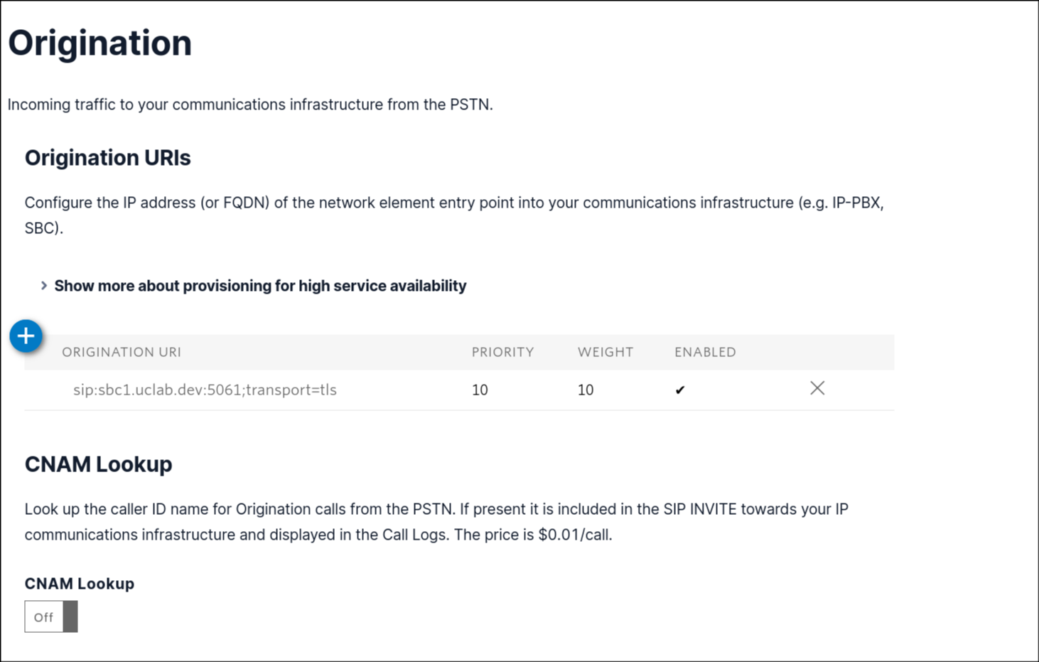 Twilio trunk — Origination settings