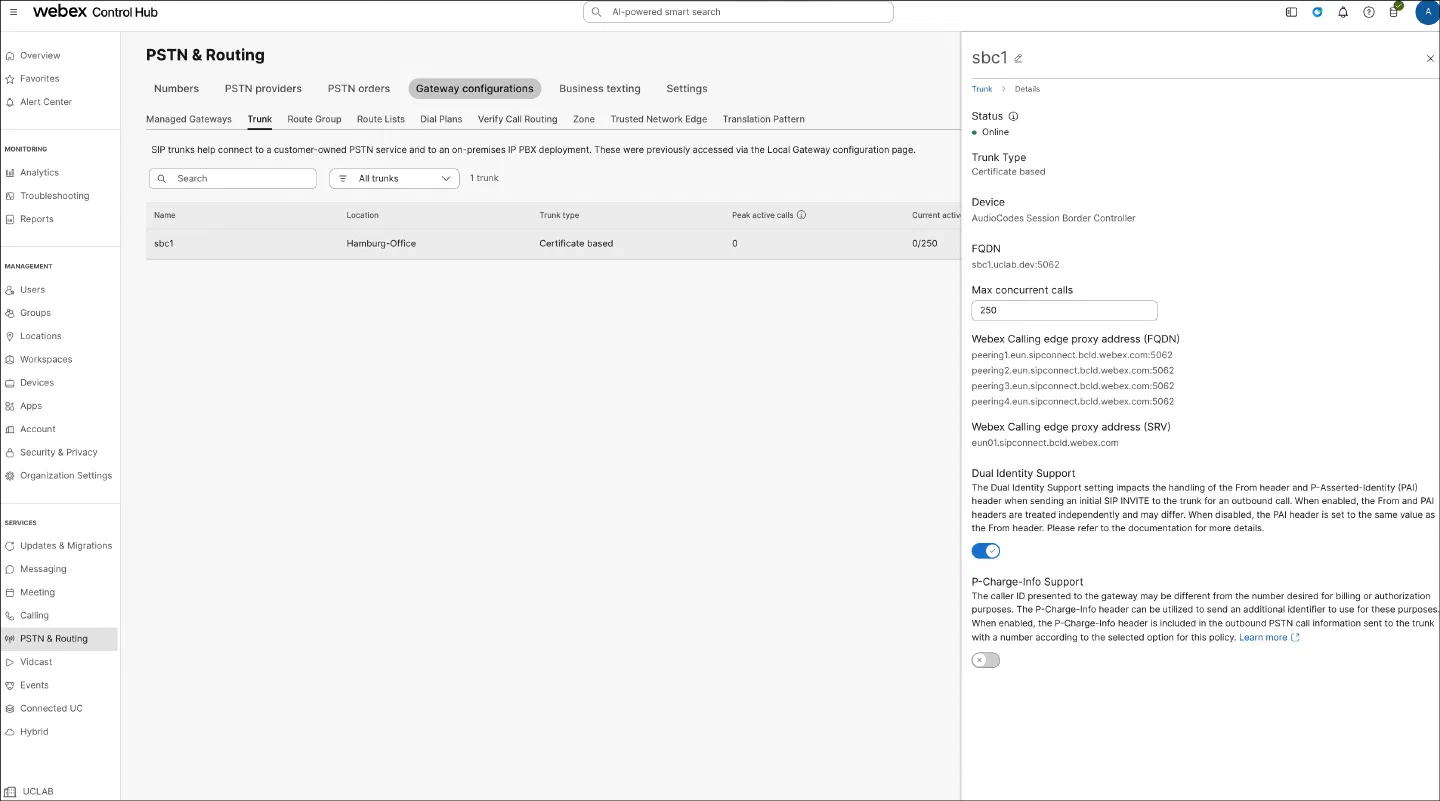 Webex Control Hub — Trunk configuration for sbc1