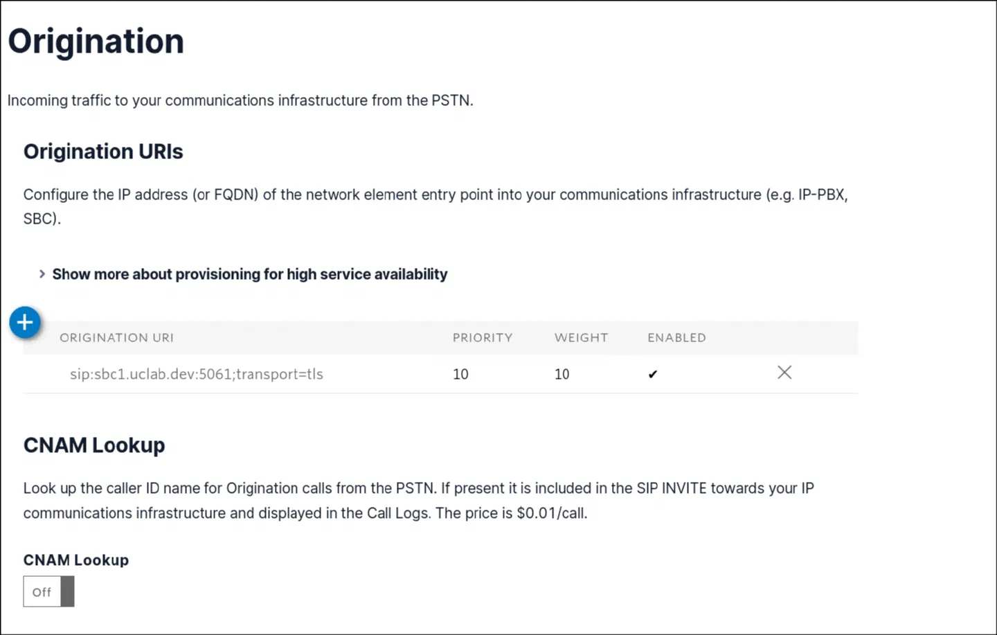Twilio trunk — Origination settings