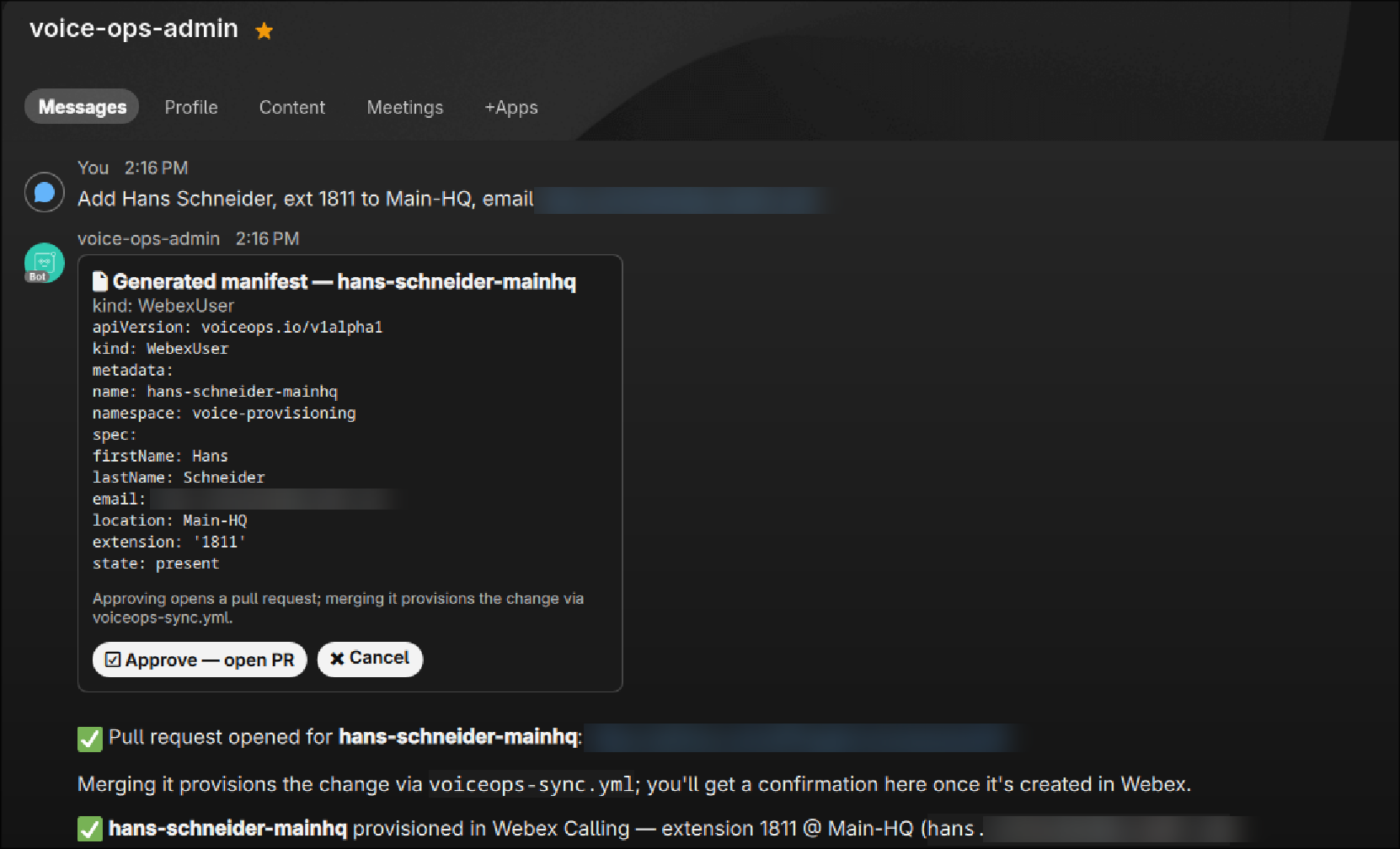 Adding a user via the Webex bot