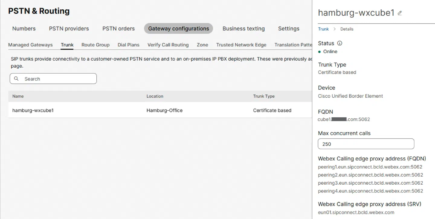 PSTN & Routing -> Gateway Configurations -> Trunk